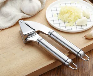 Durable stainless steel garlic press kitchen tool, ergonomic manual garlic mincer.