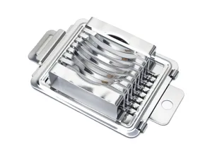 Stainless steel egg slicer kitchen tool for slicing boiled eggs quickly and easily at home.