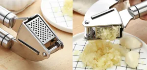 Stainless steel garlic press detail showing minced garlic and practical kitchen tool usage.