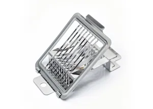 Stainless steel egg slicer detail view, showing sharp grid blades and sturdy stand.