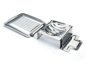 Stainless steel egg slicer detail view showing precision cutting wires and durable kitchen tool metal structure.