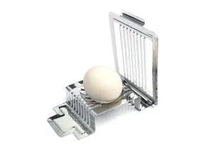 Detailed view of the stainless steel egg slicer wire mesh and base structure for kitchen.