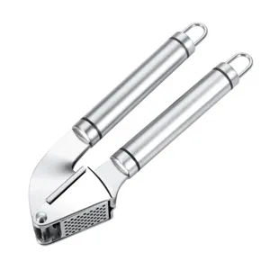 Stainless steel garlic press kitchen gadget, durable manual garlic mincer tool for cooking.