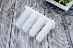 Detailed view of a 4-cavity plastic ice pop mold with lid, perfect for homemade summer treats.