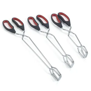Stainless steel kitchen food tongs set, scissor style BBQ steak and bread clamp tools.