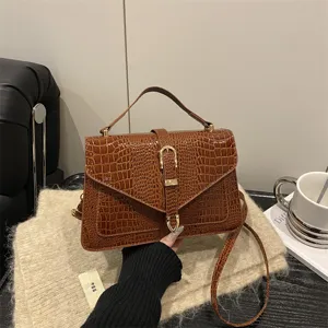 Trendy Croco Embossed PU Leather Square Bag For Women Elegant Top Handle Shoulder Crossbody Bag Classic Flap Casual Daily Commute Purse