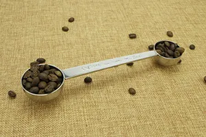 Stainless steel double-ended measuring spoon with scale marks for coffee beans and kitchen use.