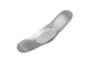 Stainless steel garlic press rocker, curved manual garlic mincer kitchen tool for easy crushing.