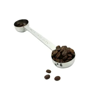 Stainless steel double-ended measuring spoon with clear scale for coffee beans and kitchen.