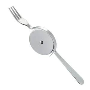 Cortador de pizza de acero inoxidable 3 en 1 con tenedor integrado y mango ergonómico.