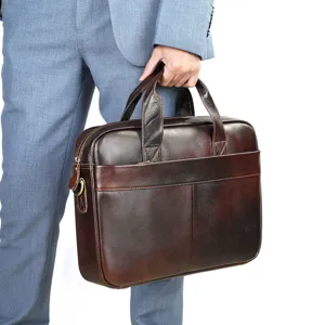 Men's Genuine Top Layer Cowhide Leather Briefcase Vintage Business Laptop Bag Waterproof Document Handbag