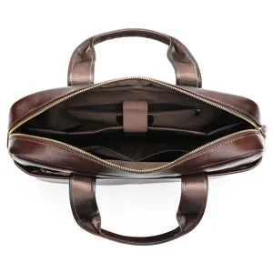 Men's brown genuine leather laptop briefcase, top handle business bag for 14 inch notebook.