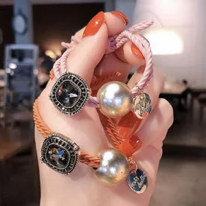 Korean style hair tie with square rhinestone and pearl charms for women daily hair accessories.