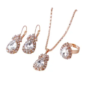 Elegant Teardrop Rhinestone Necklace Earrings Ring Jewelry Set for Women Bridal Party