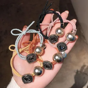 Minimalist Korean style hair ties with metallic beads and crystal square charms for women.
