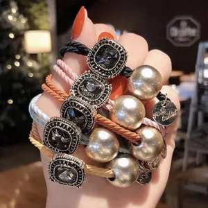 Korean Style Braided Hair Tie Elastic Hair Band With Heart Rhinestone Alloy Beads Hair Accessories For Women