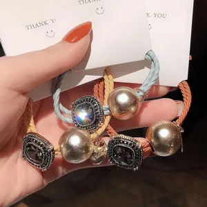 Korean style vintage pearl gemstone hair ties elegant women rubber bands hair accessories chic.