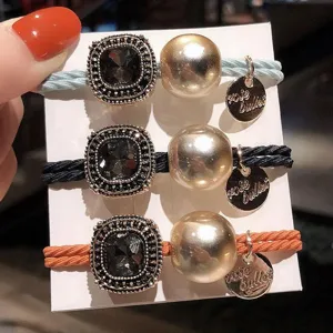 Chic multi-color hair ties set featuring vintage square crystal and pearl accents for women.
