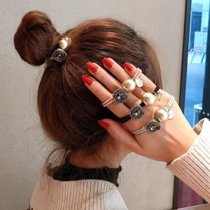 Minimalist ins style hair ties set with metal ball and square crystal design for women.