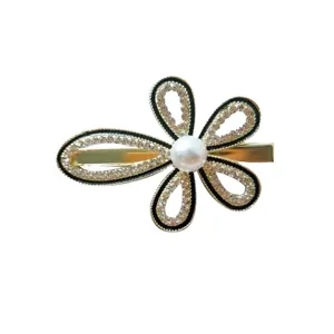 Elegant rhinestone flower hair clip with pearl center, gold alloy duckbill barrette for women