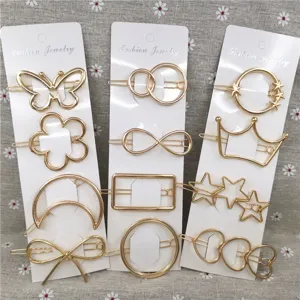 Gold metal hair clips set, cute geometric butterfly star crown bobby pins for daily hair styling.