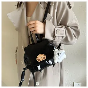 Korean style trendy mini backpack for women, cute dog patch black pu leather daypack.