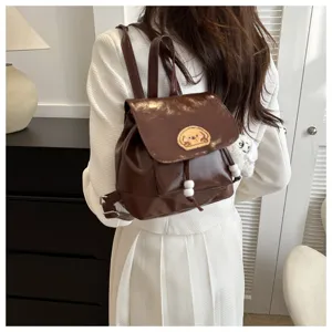 Korean style vintage brown leather mini backpack for women, cute puppy patch school bag daily.
