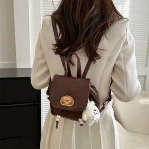 Women Fashion PU Leather Mini Backpack Vintage School Bag With Cartoon Dog Patch Plush Bear Pendant Drawstring Flap Backpack