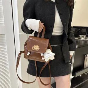 Vintage PU leather mini backpack for women, cute cartoon dog patch and white plush bear.