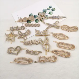 Korean style rhinestone pearl hair clips set, elegant geometric hairpins for women daily use.