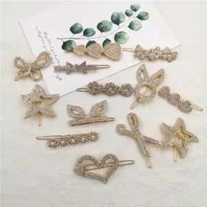 Korean style gold rhinestone hair clips set, sparkling crystal hairpin for sweet girls daily wear.