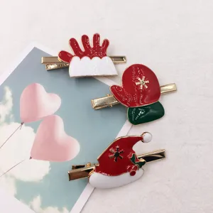 Christmas hair clips set, cute enamel Santa hat and gloves duckbill clips for women kids.