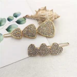 Gold rhinestone hair clips set, triangle and heart side pins for women daily styling.