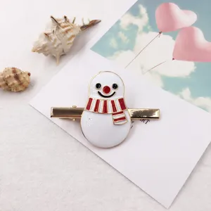 Christmas snowman duckbill hairpin detail view, white red enamel alloy hair clip