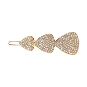 Gold tone triple triangle rhinestone hairpin elegant crystal barrette hair clip for women.