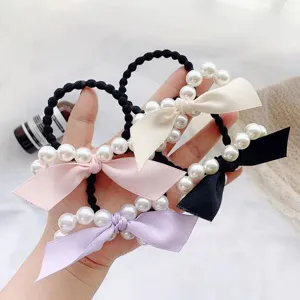 Alloy Artificial Pearl Bow Hair Tie Korean Ribbon Scrunchie For Women Sweet Ponytail Holder Elastic Hair Rope Accessories