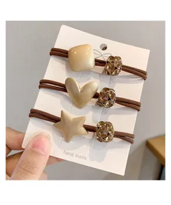 Chic brown hair ties set featuring resin geometric charms and sparkling rhinestones for women.
