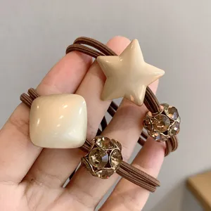 Minimalist hair tie set with chic resin star and square charms, stylish dual-use hair rope.