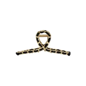 Elegant black and gold chain hair claw clip, stylish metal and fabric interlocked hairpin for women.