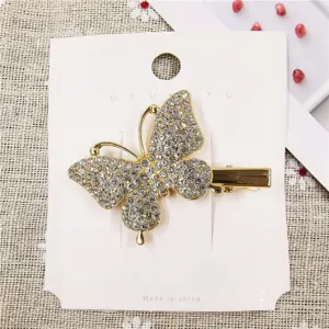 Gold-tone rhinestone butterfly hairpin sparkling crystal hair clip elegant cute barrette accessory
