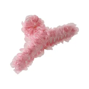 Pince à cheveux en dentelle rose pour femme, élégante pince requin en organza pour coiffure.