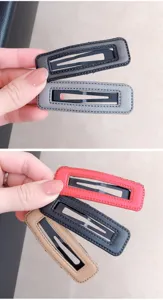 Minimalist rectangular PU leather BB hair clips, solid color snap clips for bangs.