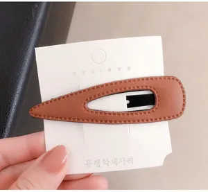 Korean style brown leather teardrop hair clip side bangs clip simple hair accessory