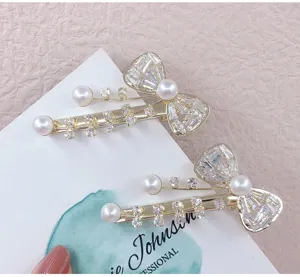 Korean style bow hair clips with pearls and sparkling rhinestones elegant duckbill side hair pins
