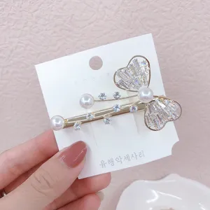 Korean style bow hairpin with pearls and zircon, elegant duckbill clip for side hair daily use