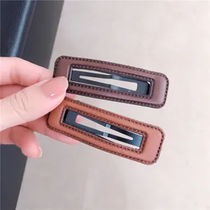 Minimalist square leather snap hair clip side barrette elegant Korean accessories
