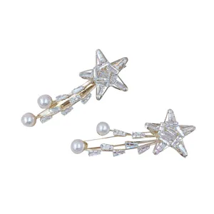 Crystal star pearl hair clip, elegant rhinestone comet duckbill clip for women and girls.