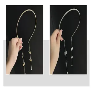 Pearl butterfly tassel thin headband detail view, elegant vintage crystal hair hoop for women.