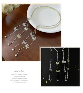 Pearl butterfly tassel thin headband, forest style retro metal hair hoop with rhinestones.