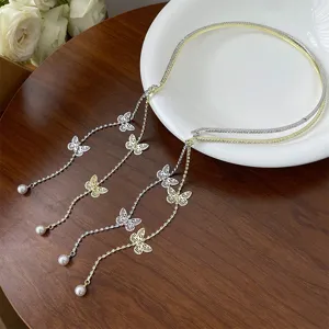 Elegant pearl butterfly tassel thin hair hoop French rhinestone vintage style headband for women.